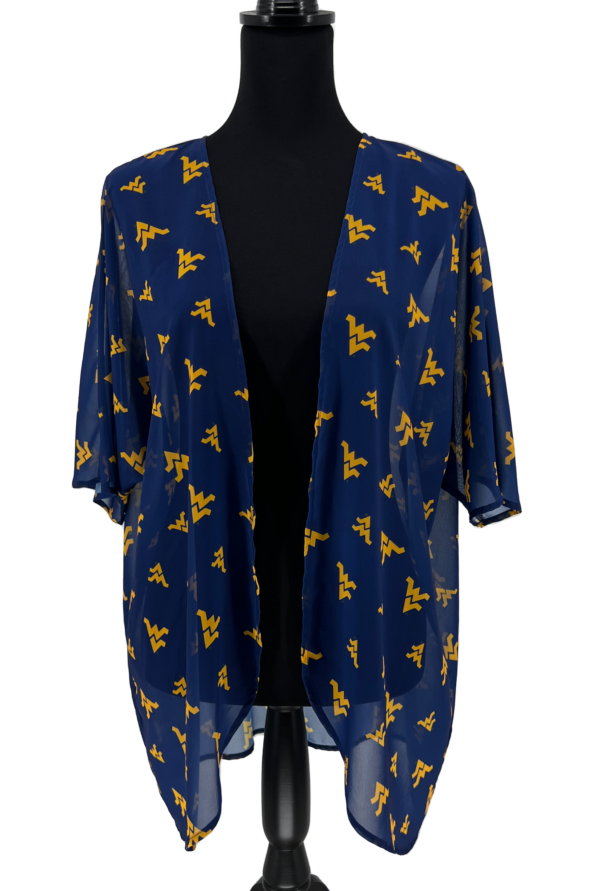 WVU Apparel for women. West Virginia Mountaineers Ladies Blue and Gold Cardigan Kimono Short Sleeve Top