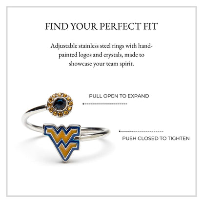 West Virginia Logo Ring with Crystals - Hypoallergenic and Adjustable Sizes