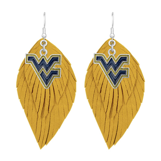 West Virginia Mountaineers Yellow Blue Boho Leather Feather Earrings Jewelry WVU