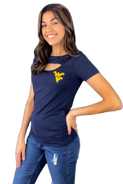 West Virginia University Mountaineers Keyhole Front Short Sleeve Top for Women