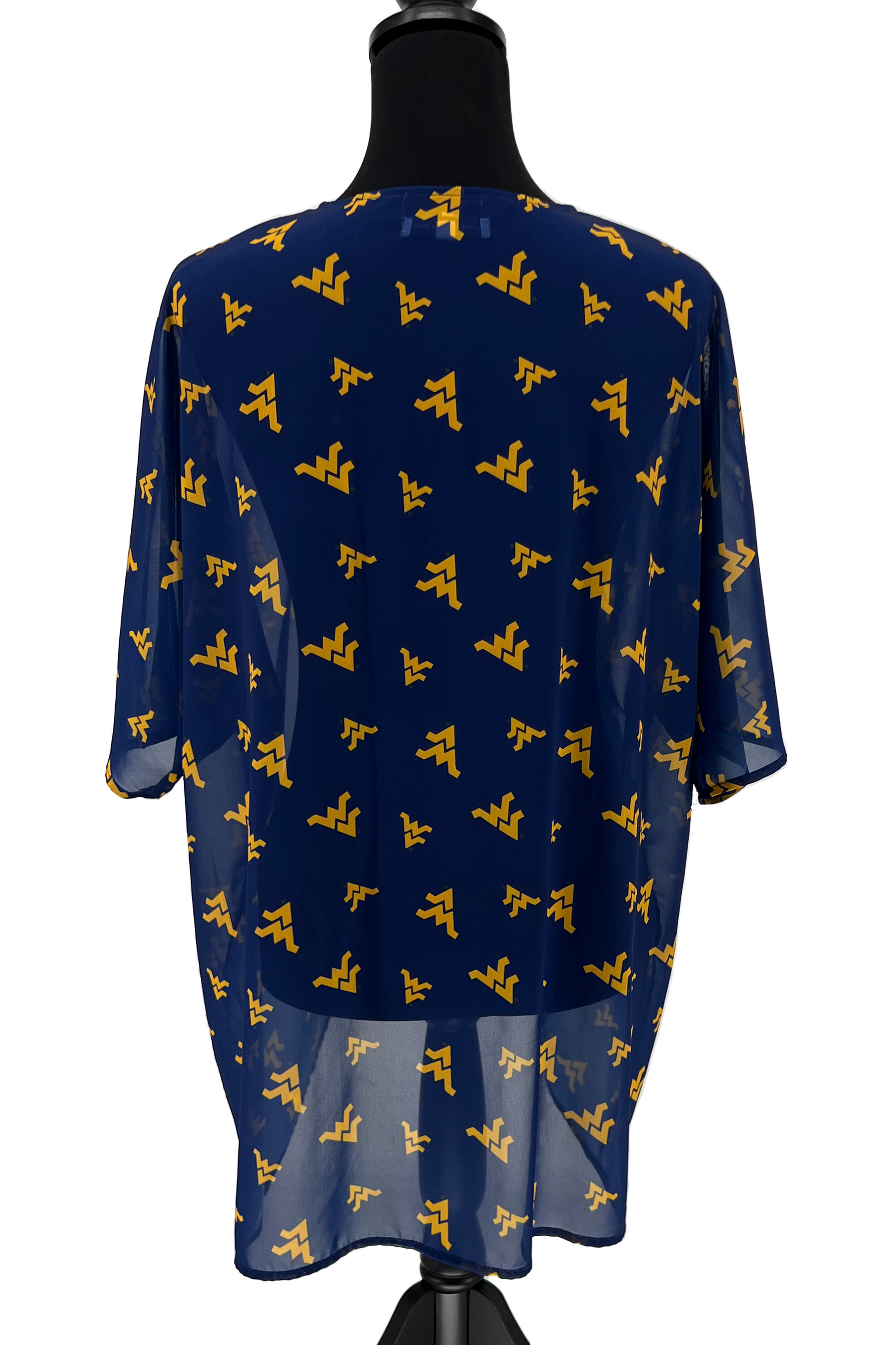 WVU Apparel for women. West Virginia Mountaineers Ladies Blue and Gold Cardigan Kimono Short Sleeve Top