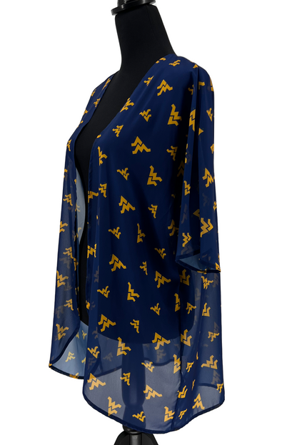 WVU Apparel for women. West Virginia Mountaineers Ladies Blue and Gold Cardigan Kimono Short Sleeve Top